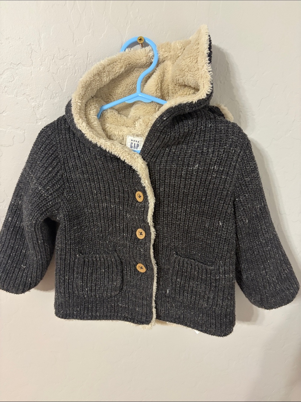 GAP Kids Charcoal Knit Hooded Jacket with Cream Sherpa Lining